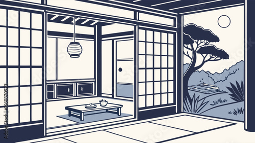 Traditional Japanese interior with sliding doors and garden view.