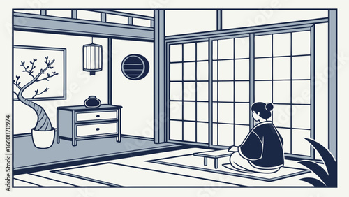 Serene woman in traditional Japanese room.