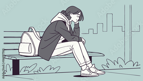 a woman sits on a bench looking sad.