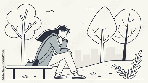 a woman sitting on a park bench looking sad.