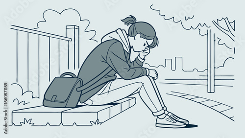 Sad young woman sitting alone on curb.