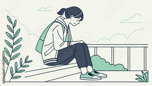 a young woman sitting on a railing looking down.