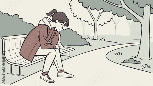 A woman sitting alone on a park bench looking sad and depressed.