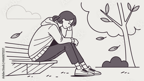 A sad young woman sitting alone on a park bench.