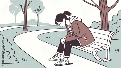 Sad young woman sitting alone on park bench.