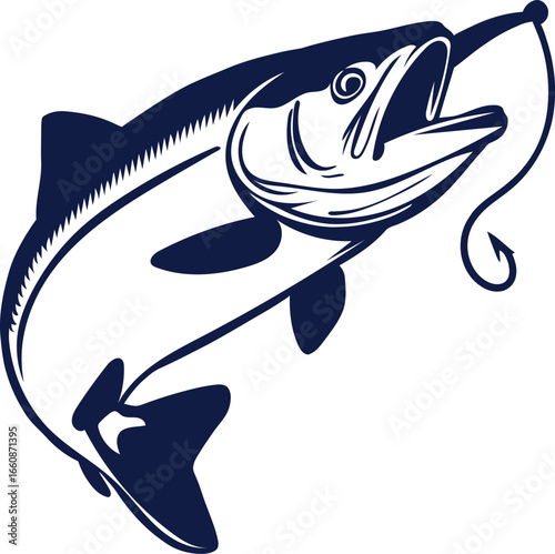 Leaping salmon caught on fishing hook