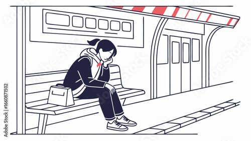 a person sitting alone on a train station bench looking sad and dejected.