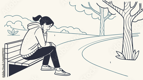 A young woman sits alone on a park bench looking sad and contemplative.