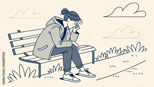 A sad woman sitting on a park bench.