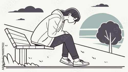 A person sitting on a bench looking down.