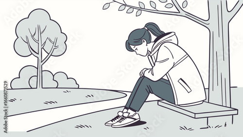 Sad young woman sitting alone on bench.