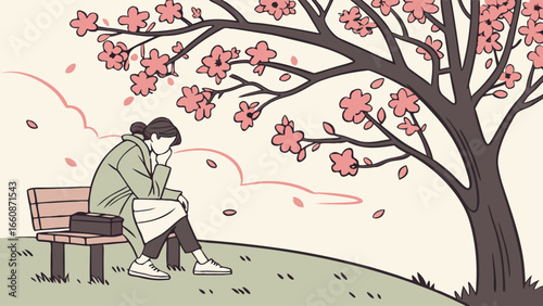 a woman sitting on a bench under a blooming tree feeling sad.