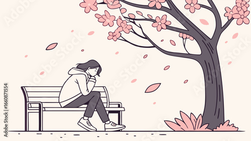 a person sitting on a bench under a cherry blossom tree feeling sad.