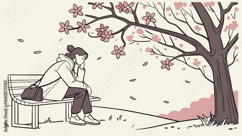 a woman sitting on a bench under a tree with pink flowers.