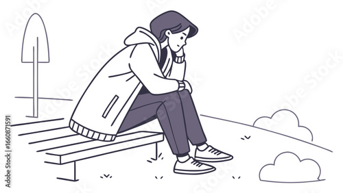 A young person sitting on a park bench looking down.