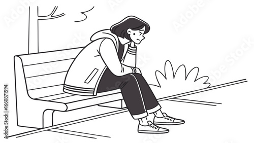 A sad woman sitting alone on a bench.