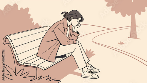 Woman sitting alone on a park bench looking sad and contemplative.