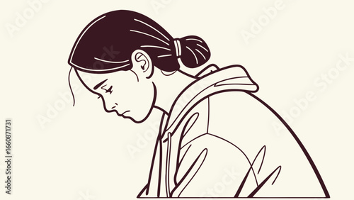 a woman with her head down.