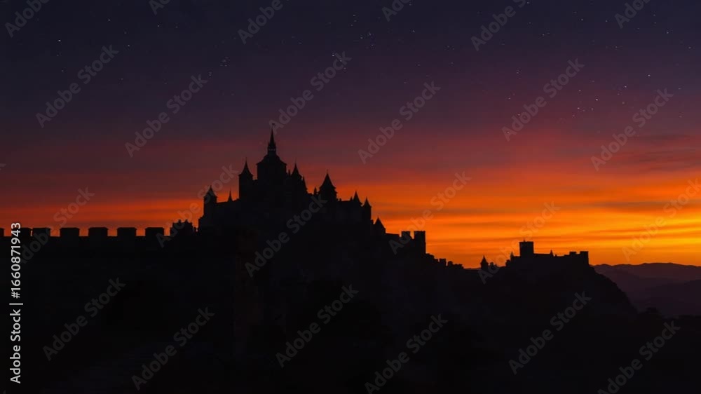 Majestic silhouette of a castle at sunset with vibrant colors illuminating the sky Majestic silhouette of a castle at sunset with vibrant colors illuminating the sky