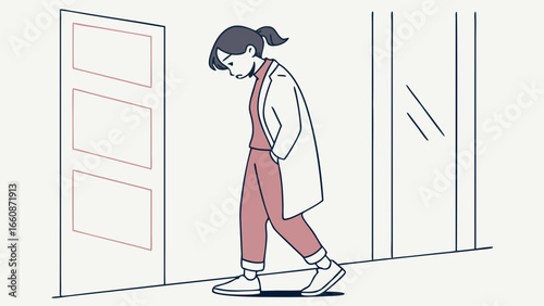 A woman walking down a hallway with her head down.