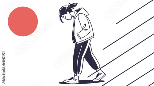 Illustration of a sad young woman walking alone.