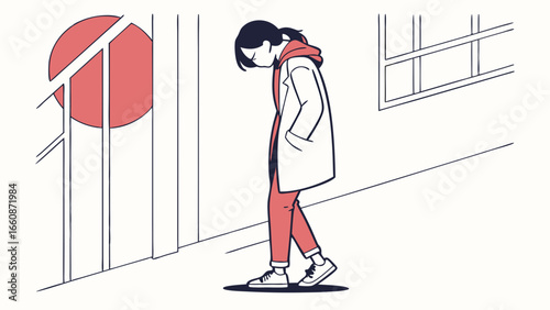 Sad young person standing alone outside.