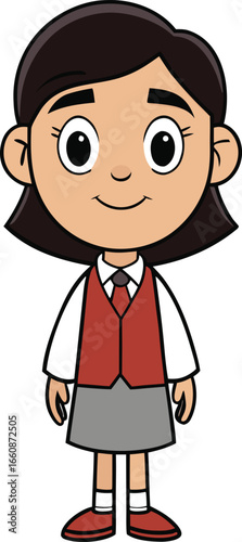 Cartoon vector illustration of a smiling schoolgirl in uniform with red vest, tie, skirt, and shoes. Cute child character design for education, kids, and school themes.