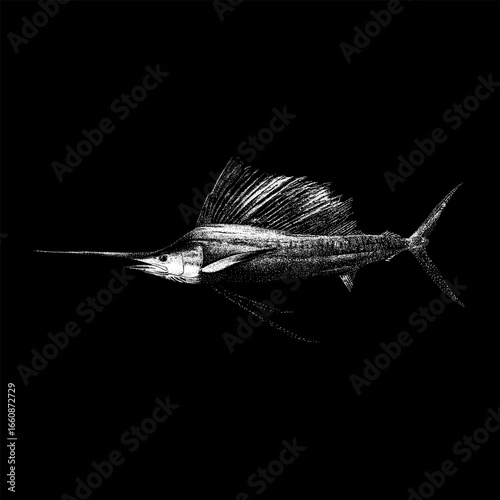 Detailed vintage illustration of a Sailfish, known for its long bill and large dorsal fin, often considered one of the fastest fish in the ocean on black background