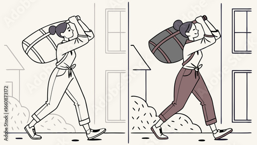 People carrying heavy luggage on their backs.