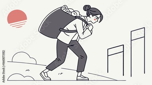 person carrying large backpack walking uphill.