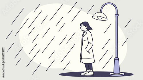 woman standing alone in the rain.