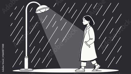 a woman walking alone under street light.