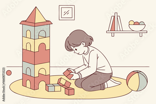 Vector illustration of a child playing with colorful toy blocks. Cute cartoon