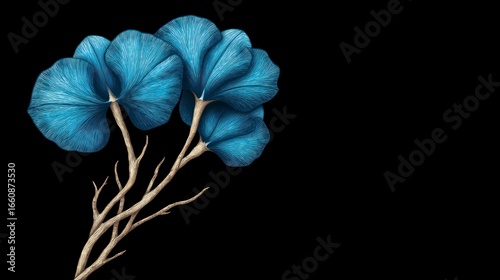 Detailed illustration of a cluster of blue fan shaped leaves against a black background