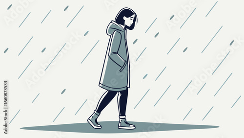 A woman walking alone in the rain.