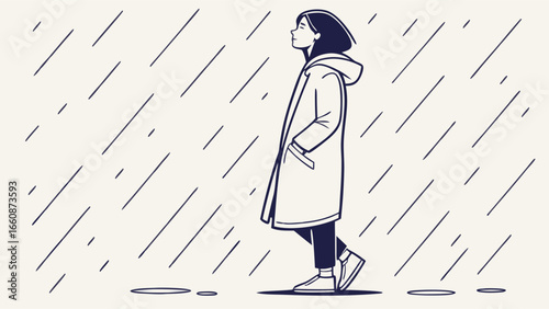 a woman walking alone in the rain.