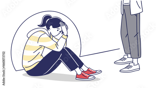Illustration of a sad woman sitting on the ground talking to a person.