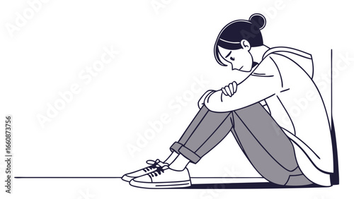A young woman sitting alone feeling sad.
