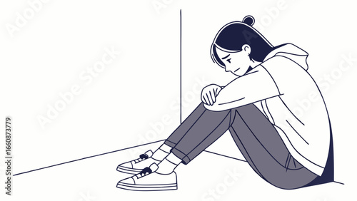 A young woman sitting alone feeling sad.
