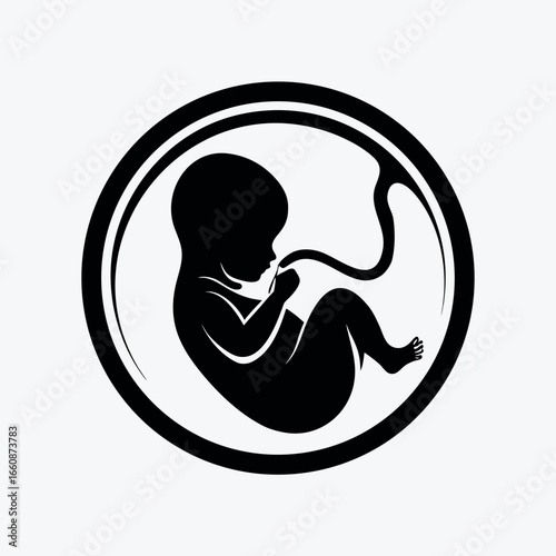 Black silhouette of a fetus in a circular frame on white background