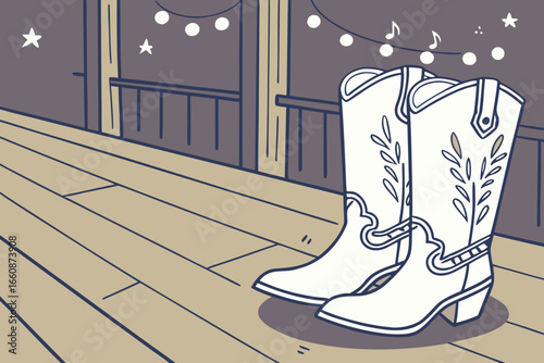 Vector cartoon illustration of cowboy boots on a wooden dance floor with string lights and music notes, symbolizing country style, western culture, and rustic lifestyle.
