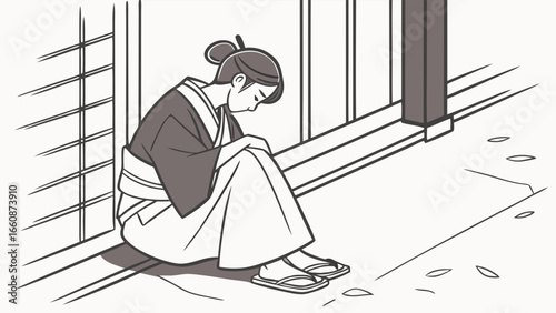 a woman in traditional Japanese clothing sitting by a window.