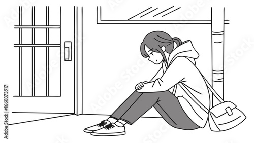 Sad young woman sitting alone on ground.