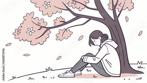 a girl sitting under a tree.