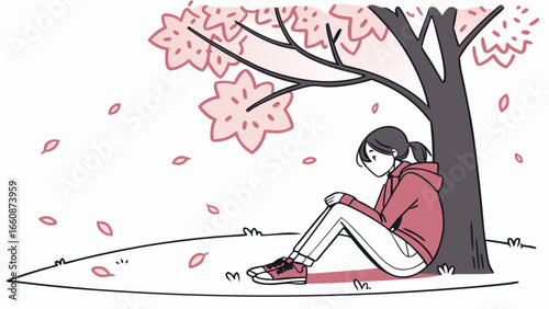 A young woman sitting under a tree with pink blossoms feeling sad.