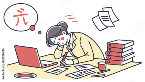 Woman stressed while working on documents.