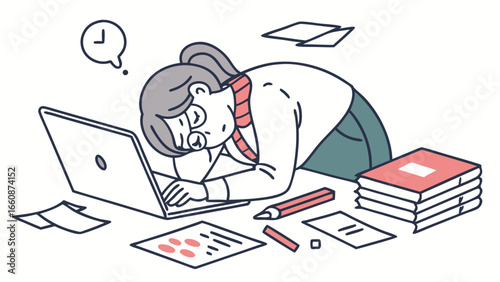 Overwhelmed student with schoolwork and laptop.