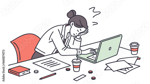 Woman working late at her desk.