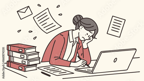 woman stressed at office desk with paperwork.