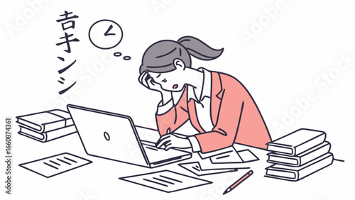 Woman working on laptop with papers and books.